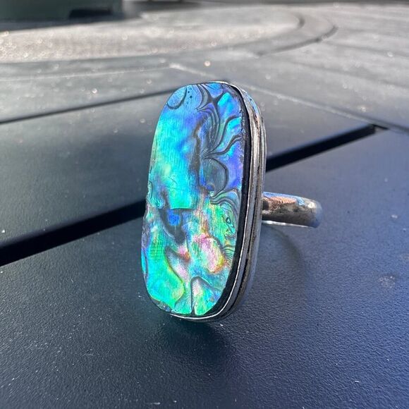 Abalone Shell Sterling Silver Plated Ring – Size 13 Statement Jewelry - Picture 1 of 11